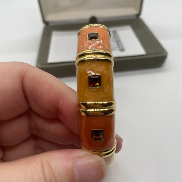 Nolan Miller Orange/ Peach Enamel Hinged Bangle Bracelet w brown inlaid crystals - Picture 8 of 8